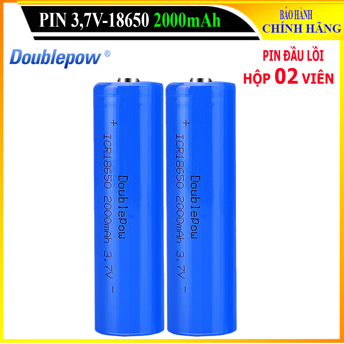 [Hộp 02 viên] Pin sạc Lithium 18650 - 2000mAh đầu lồi Doublepow, pin dung lượng thực