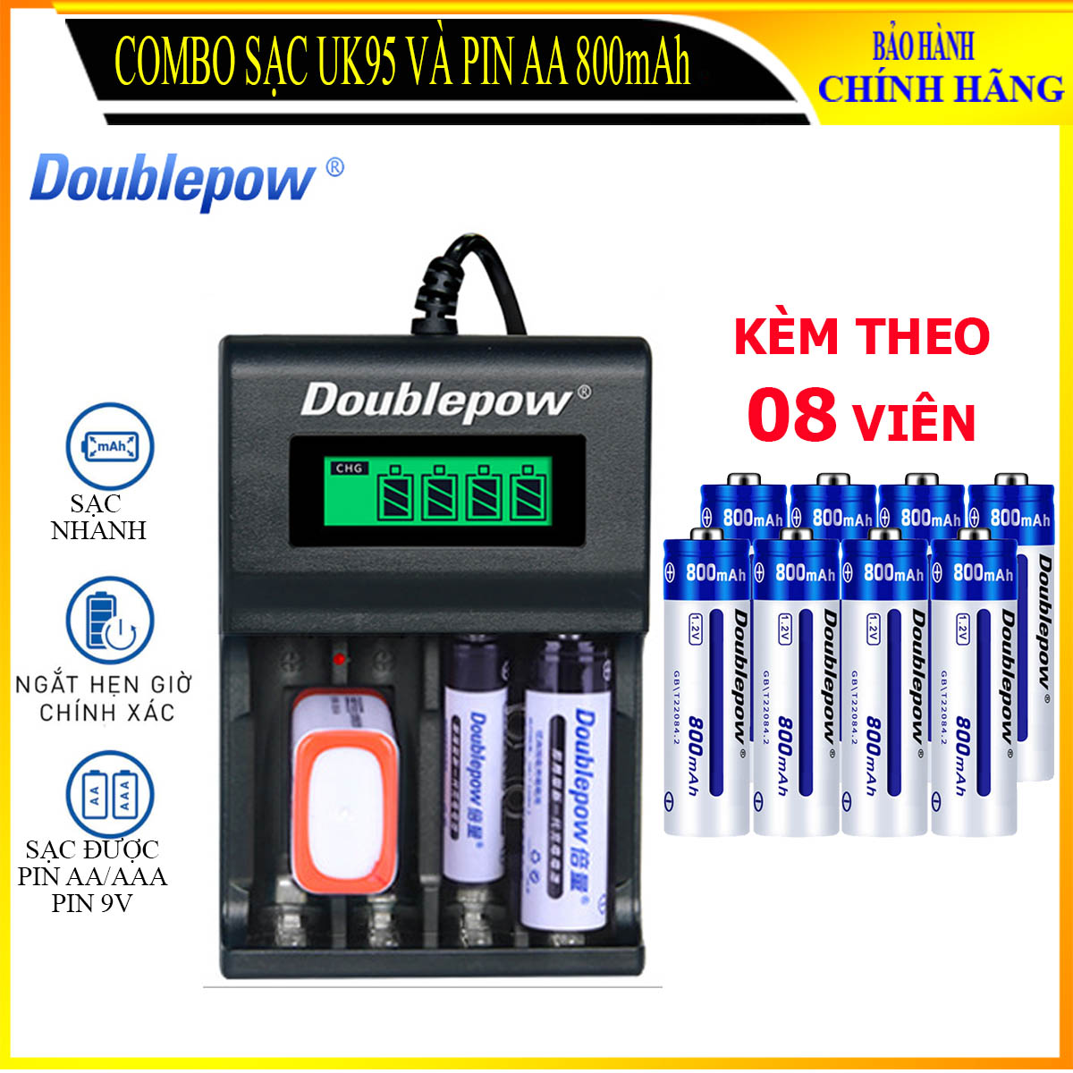 Combo sạc pin thông minh tự ngắt DP-UK95 và 8 viên pin AA 800mAh (dung lượng thực)-
