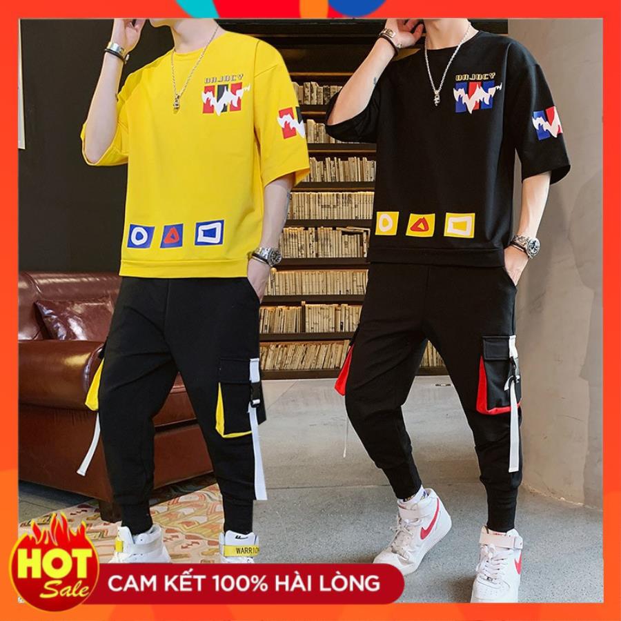 [ Hoàn Tiền 15% ] Combo 02 Bộ Quần Áo Nam Thời Trang Áo Ngắn Tay Cổ Tròn Họa Tiết Tròn Tam Giác Ô Vuông Phối Quần Jogger Túi Hộp Có Dây Gài Cá Tính Sành Điệu C-Chat 2QA NAM CC107