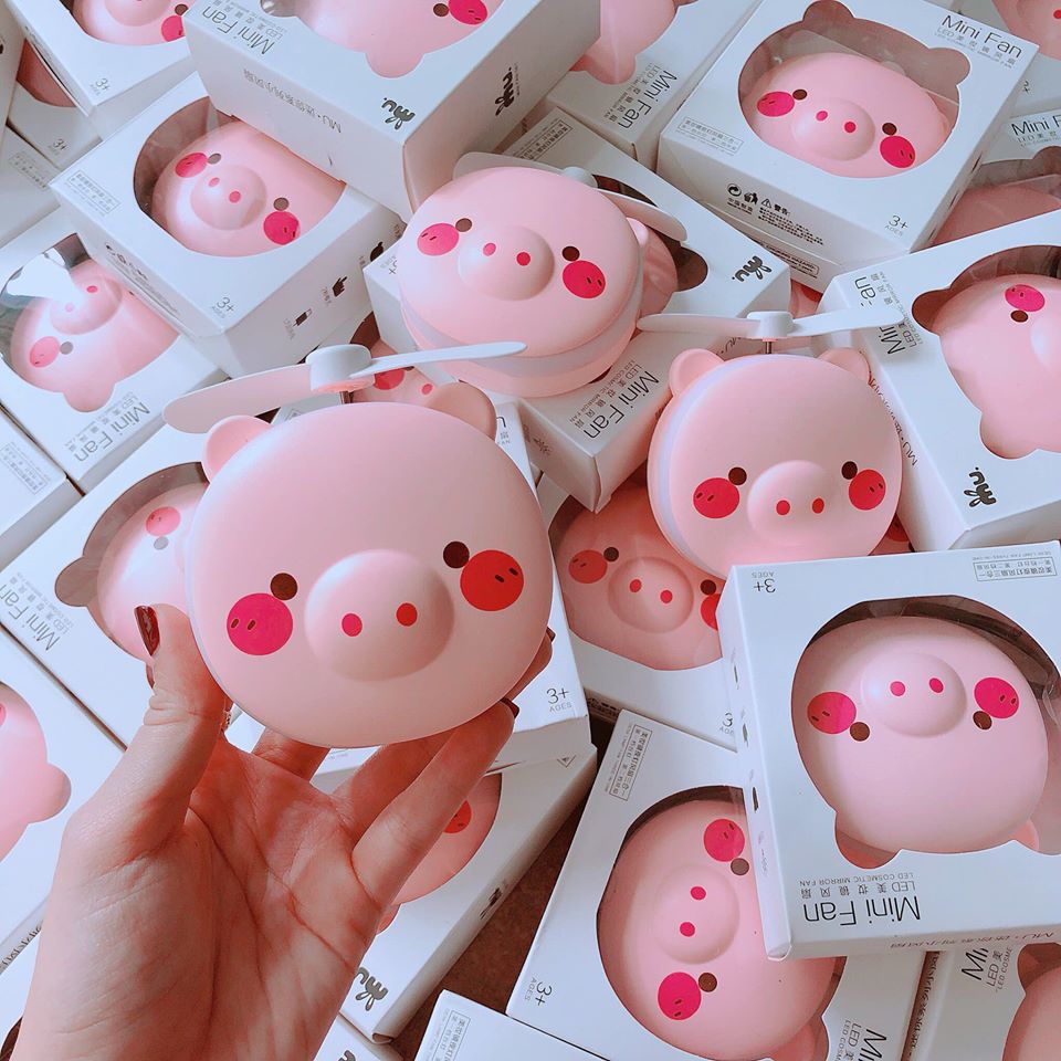 Quạt mini con heo có gương kèm đèn LED siêu cưng