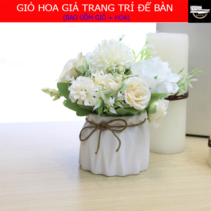Chậu Hoa giả trang trí để bàn, hoa Macaron, chậu bằng sứ đẹp - HF004  (nhiều màu lựa chọn)