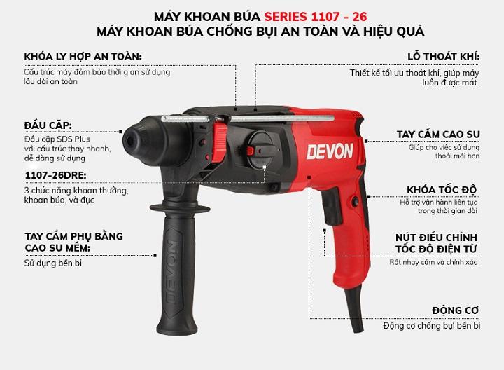 Máy khoan búa 3 chức năng DEVON 1107-26DRE 800W (Hộp nhựa)