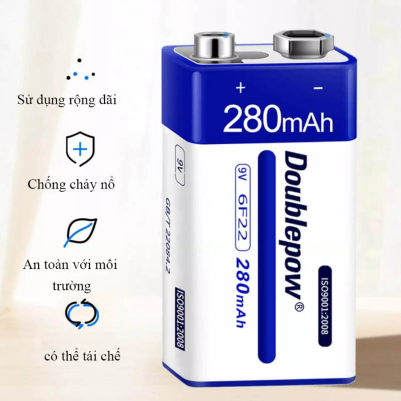 [02 viên] Pin sạc 9V 6F22 -  280mAh (loại pin vuông) Doublepow - Pin chuẩn