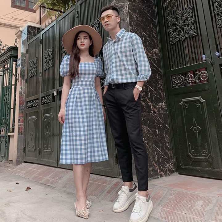 Set checkerboard shirt double, couple lovers design