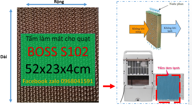Tấm làm mát Cooling pad chuyên dụng cho quạt điều hòa Boss S102 (màu nâu và xanh) kích thước 52x23x4cm (có kèm chia nước))