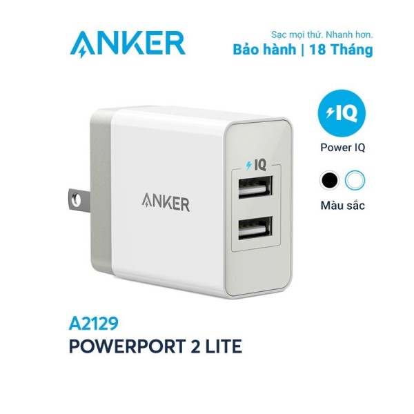 Sạc ANKER PowerPort 2 Lite 2 cổng PowerIQ 12W - A2129 - hàng chính hãng - Củ sạc iphone