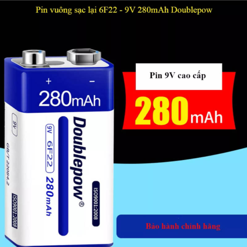 [02 viên] Pin sạc 9V 6F22 -  280mAh (loại pin vuông) Doublepow - Pin chuẩn