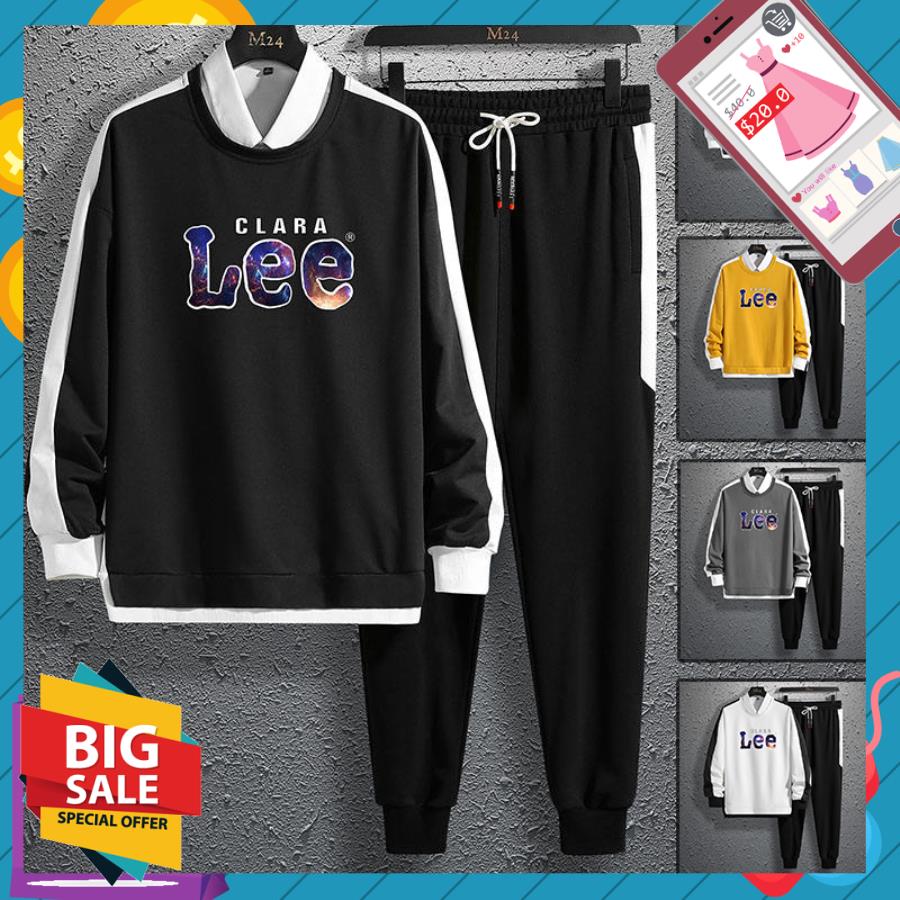 [ Hoàn Tiền Max ] Bộ Quần Áo Thun Nỉ Nam Dài Tay Cổ Tròn Họa Tiết Chữ LEE Cách Điệu Viền Sọc Tay Phong Cách Trẻ Trung Thời Trang BONBON FASHION MEN QA 143