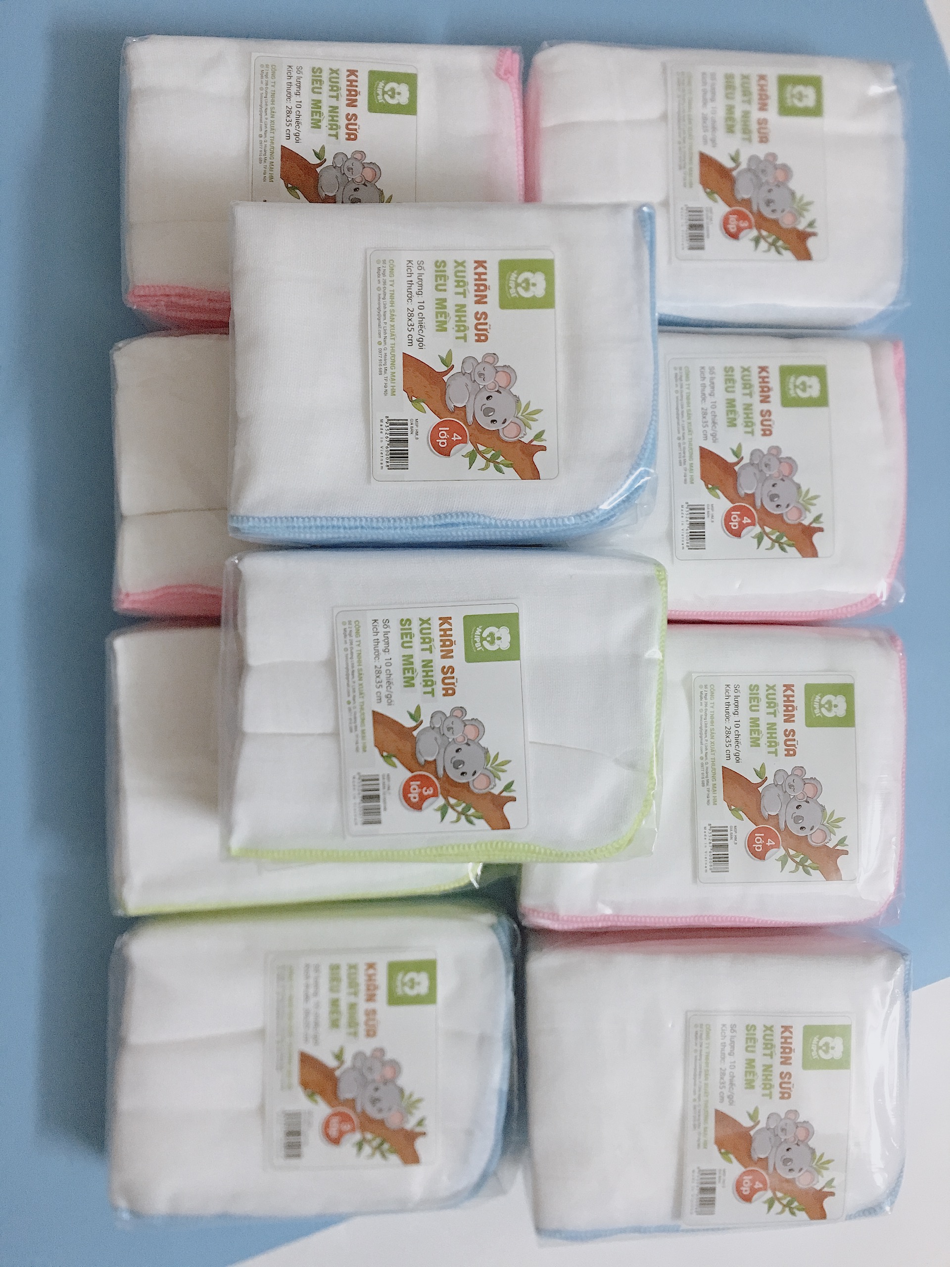 Sét 10 khăn xô sữa Mipbi 3 lớp và 4 lớp