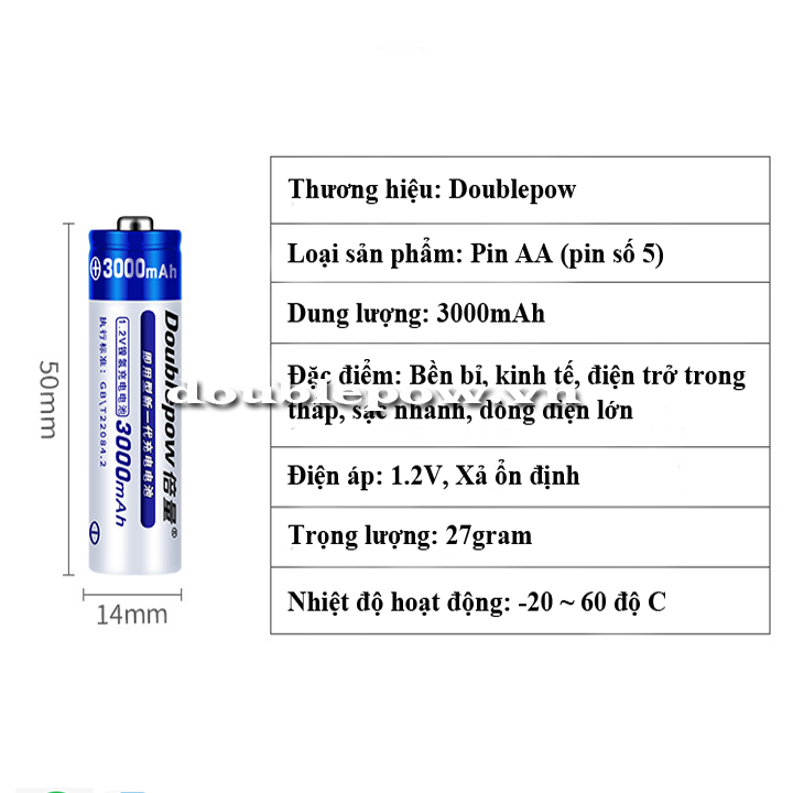 Pin tiểu sạc Doublepow AA 3000mAh dung lượng thật
