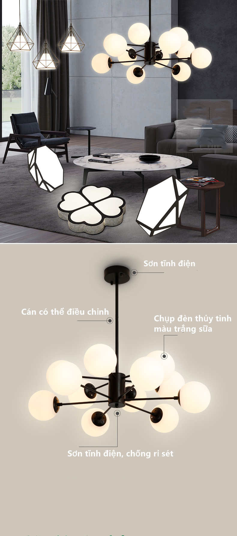 Đèn trùm trang trí phân tử 6 bóng 12 bóng