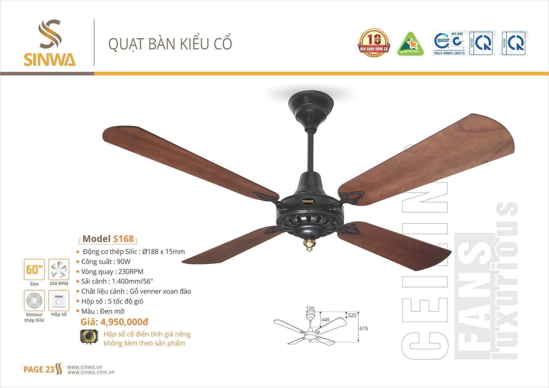 QUẠT TRẦN CỔ ĐIỂN SINWA S168