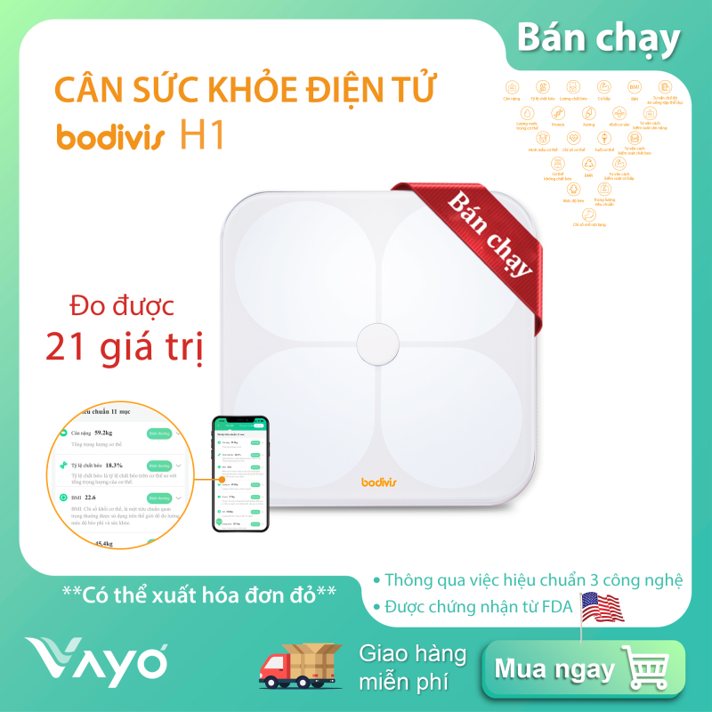 Cân sức khỏe BODIVIS H1 đo 21 chỉ số cơ thể chuẩn FDA, đo mỡ, xương, cơ bắp nhập khẩu