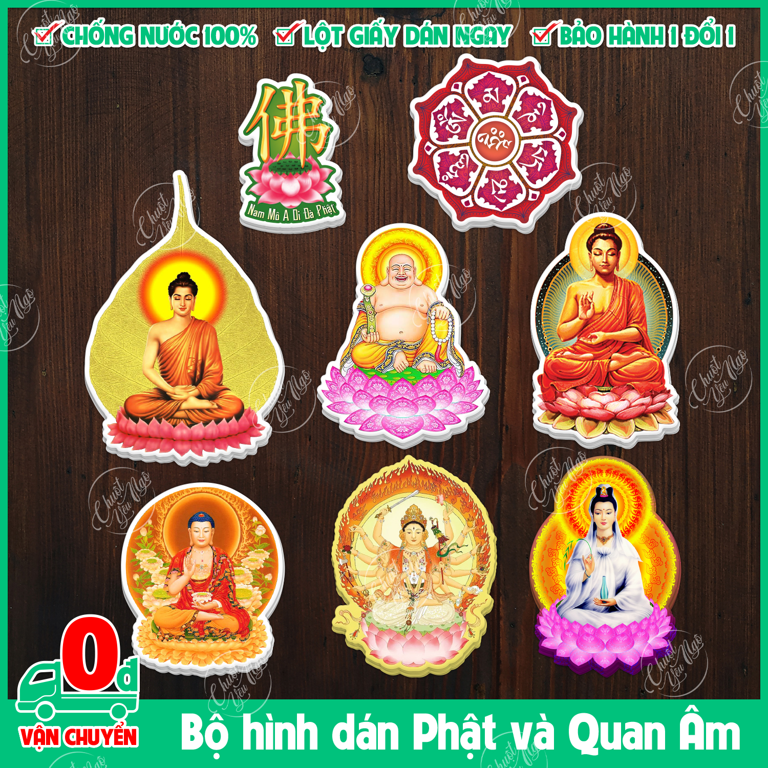 Bộ 8 hình dán chủ đề Phật quan âm hoa sen dùng để trang trí cầu may mắn bình an