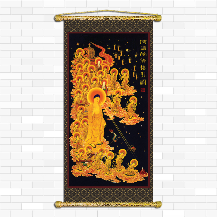 Tranh Liễn Phật Giáo - Tây Phương Tiếp Dẫn – Vải canvas kim tuyến nẹp sáo gỗ tự nhiên nhiều size nhiều mẫu thiết kế KT: 50x100 cm