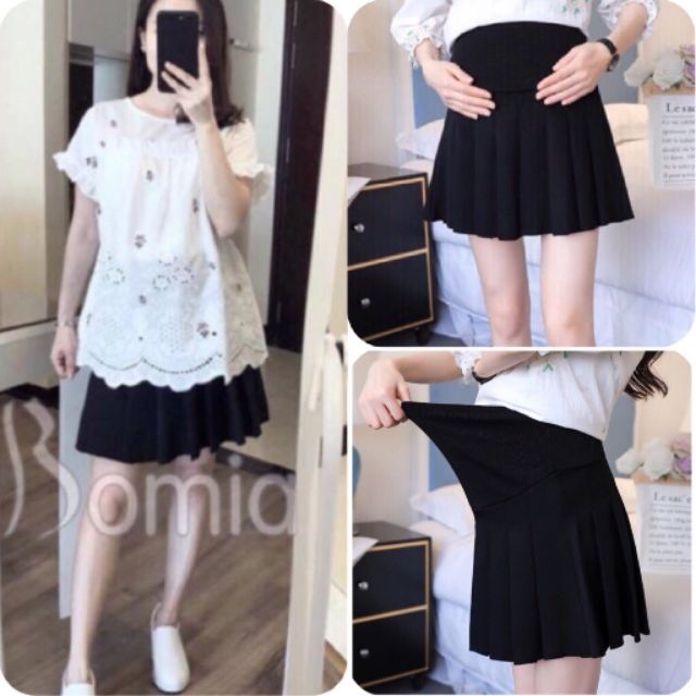 [Hoàn Tiền 6%] Chân váy bầu xếp ly có đỡ bụng và chun điều chỉnh, chất umi mềm mịn cho bà bầu