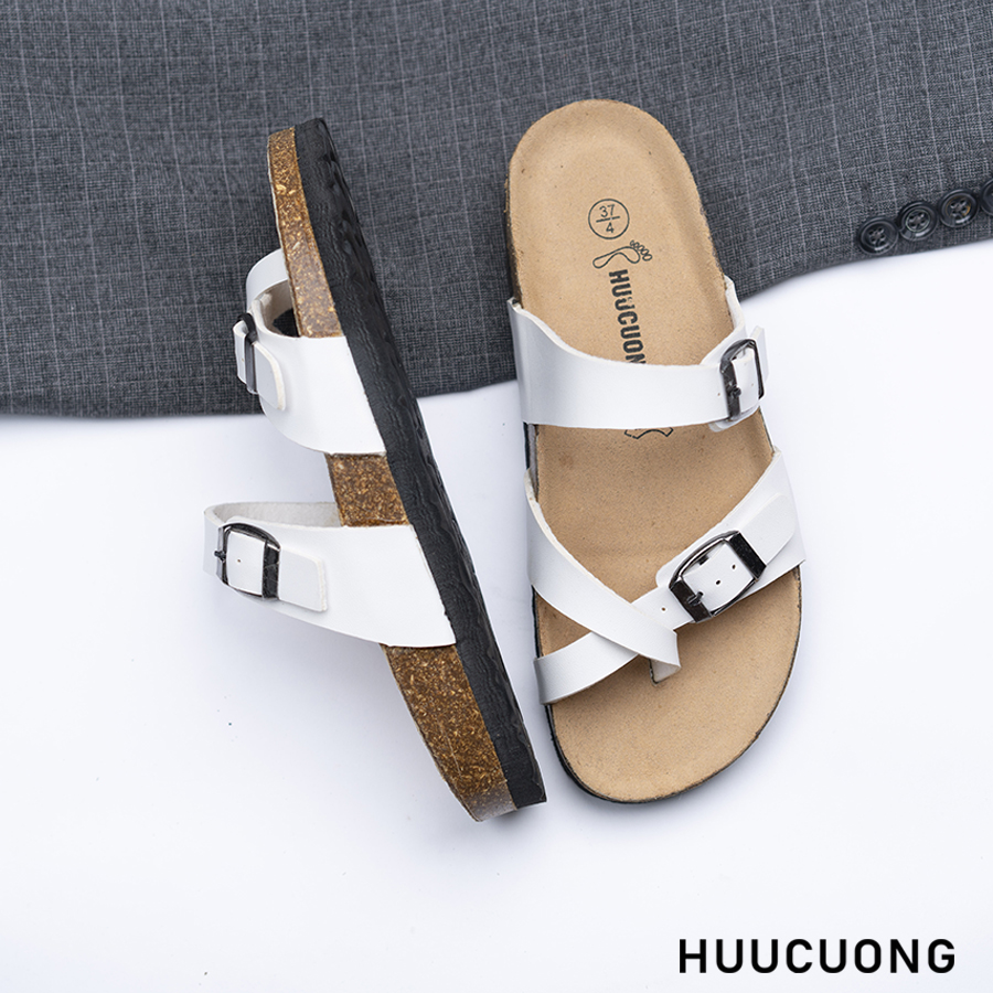 Dép đế trấu nữ xỏ ngón trắng da pu trắng