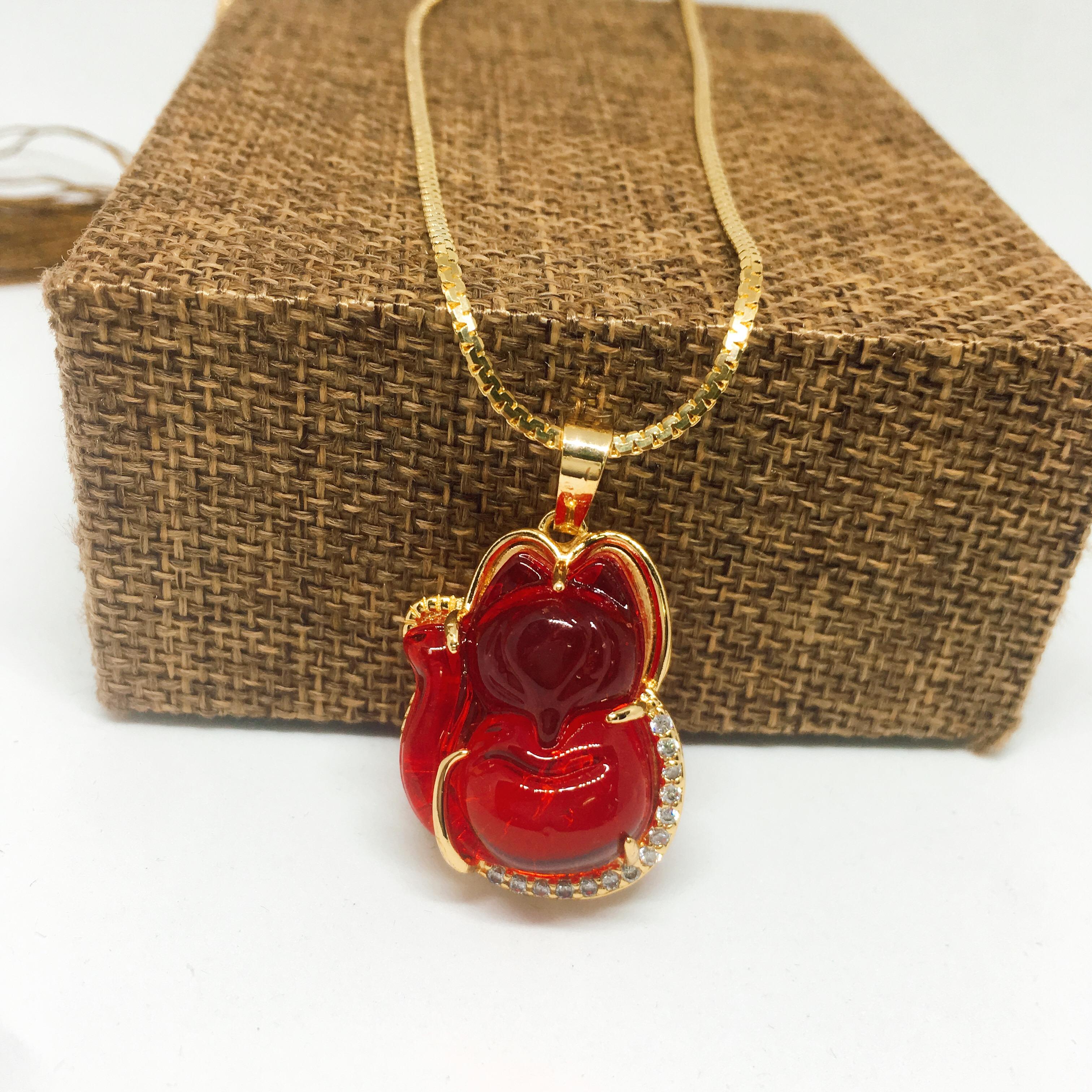 Nữ trang cao cấp Dây chuyền nữ mặt Hồ Ly đá LAMASIA bọc bạc Thái mạ vàng đính đá, trang sức phong thủy, may mắn, tài lộc, trang sức cao cấp (dây và mặt) (màu đỏ)