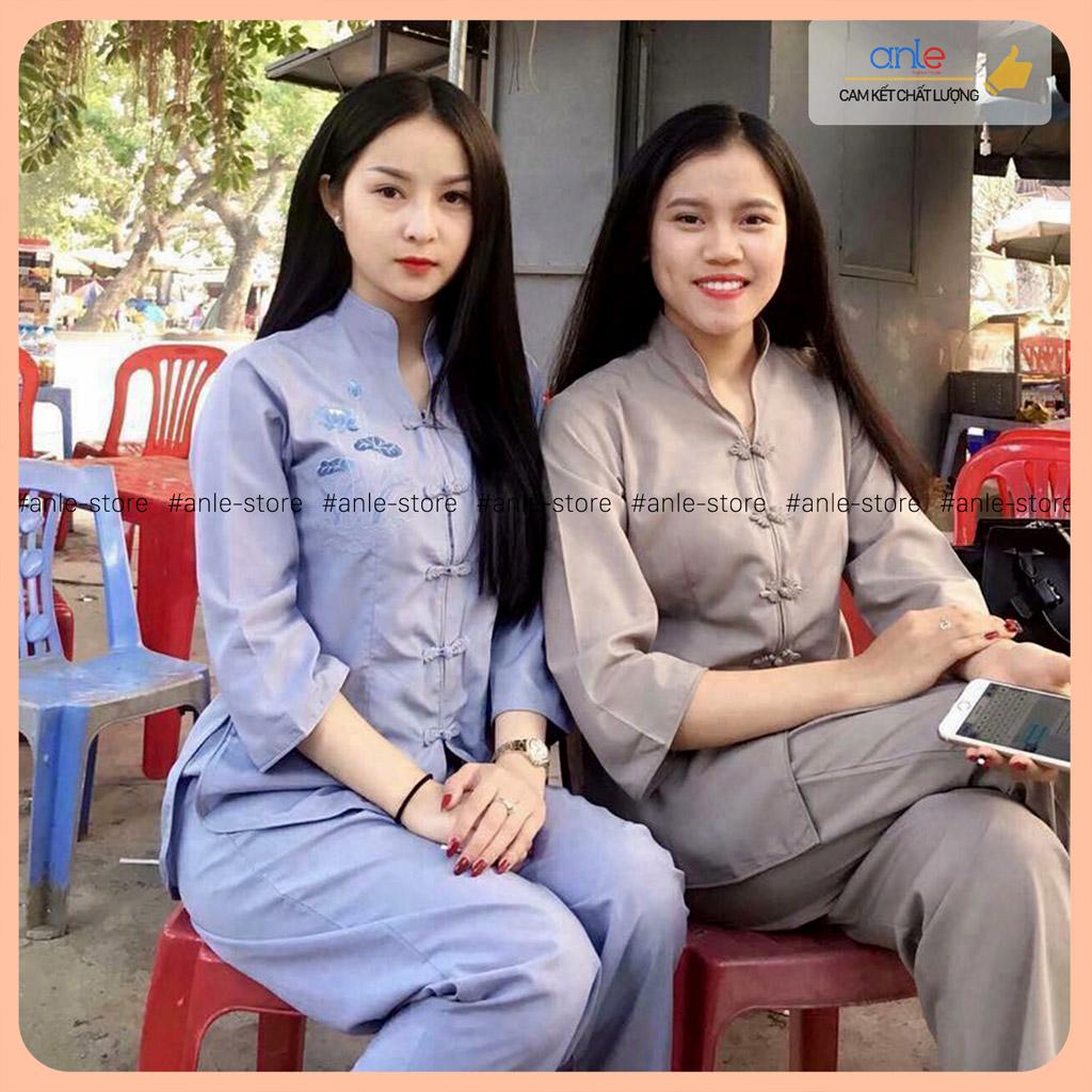 Đồ lam đi chùa Bộ đồ đi chùa CỔ TÀU THÊU SEN