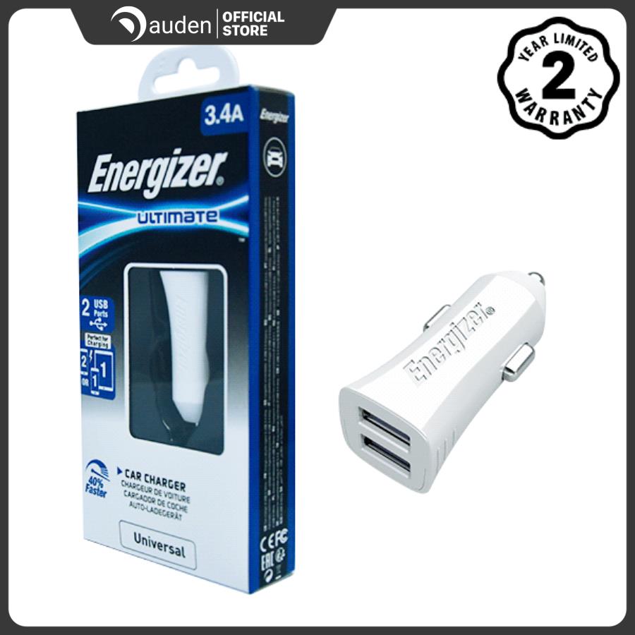 Sạc Ô Tô Energizer 3.4A 2 Cổng USB - Kèm 1 Cáp Lightning USB (White)