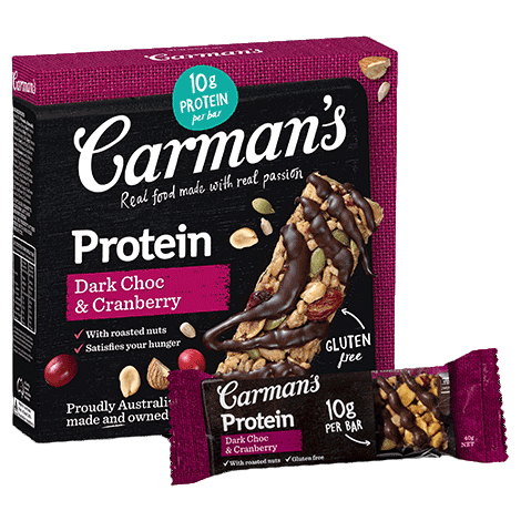 Thanh giàu đạm Carmans Protein Bar Dark Choc & Cranberry