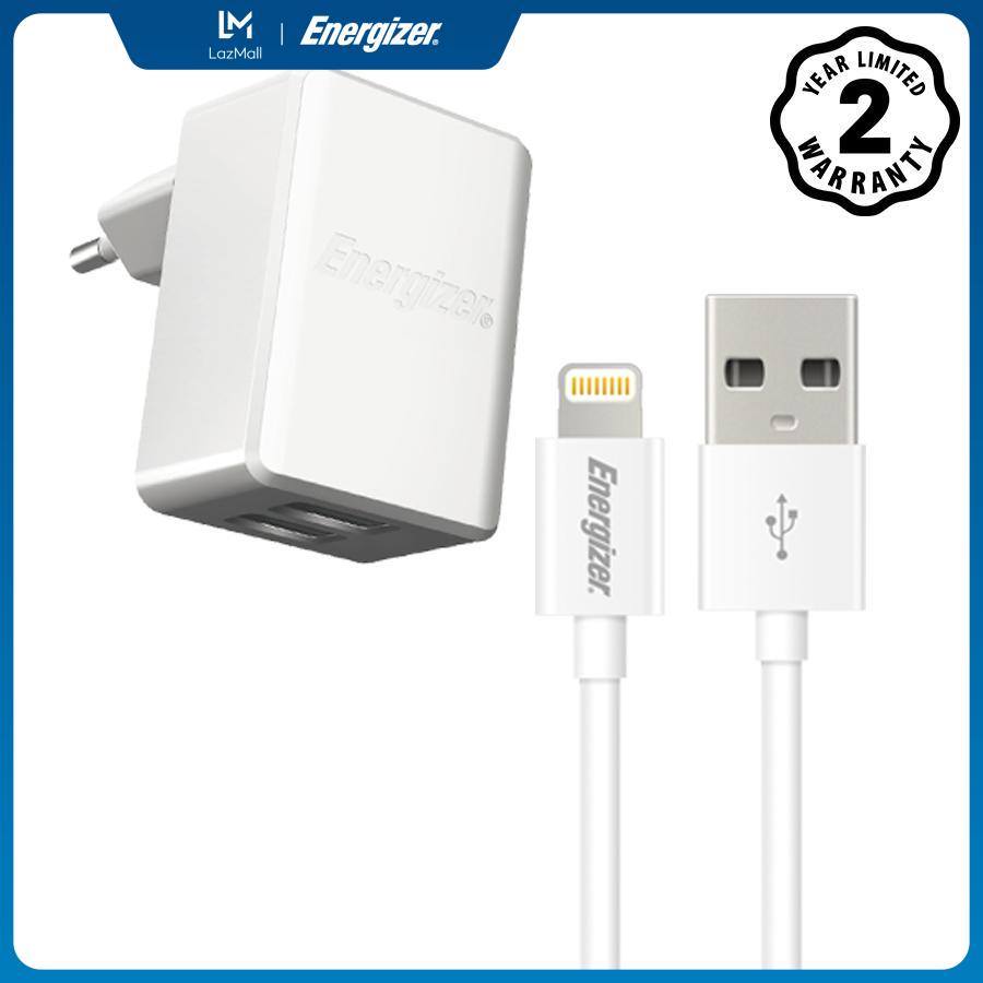 Sạc Energizer 3.4A 2USB màu trắng kèm cáp Lightning - ACA2CEUULI3