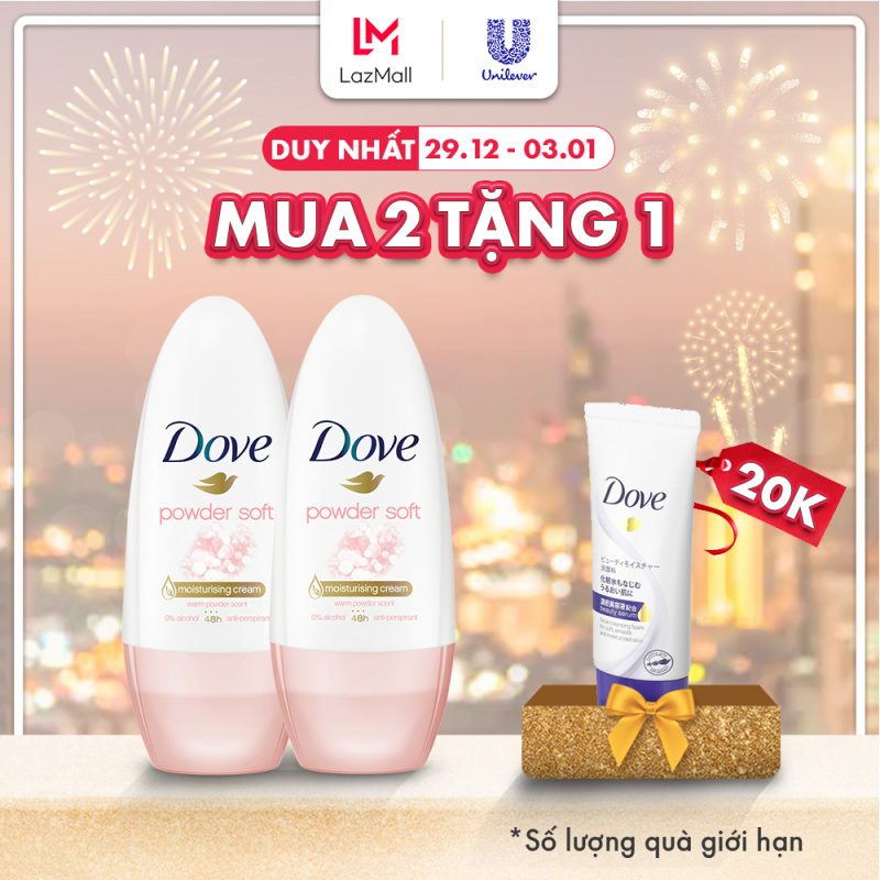 Combo 2 Lăn Khử Mùi Dove Powder Soft Dưỡng Da Sáng Mịn Hương Phấn Thơm (40ml x 2) nhập khẩu