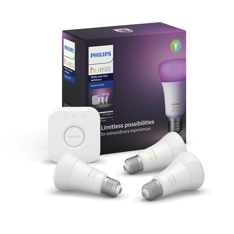 Bộ 3 Bóng Đèn thông minh 16 triệu màu Philips Hue White and Color Ambiance Starter Kit E27 gồm Bridge