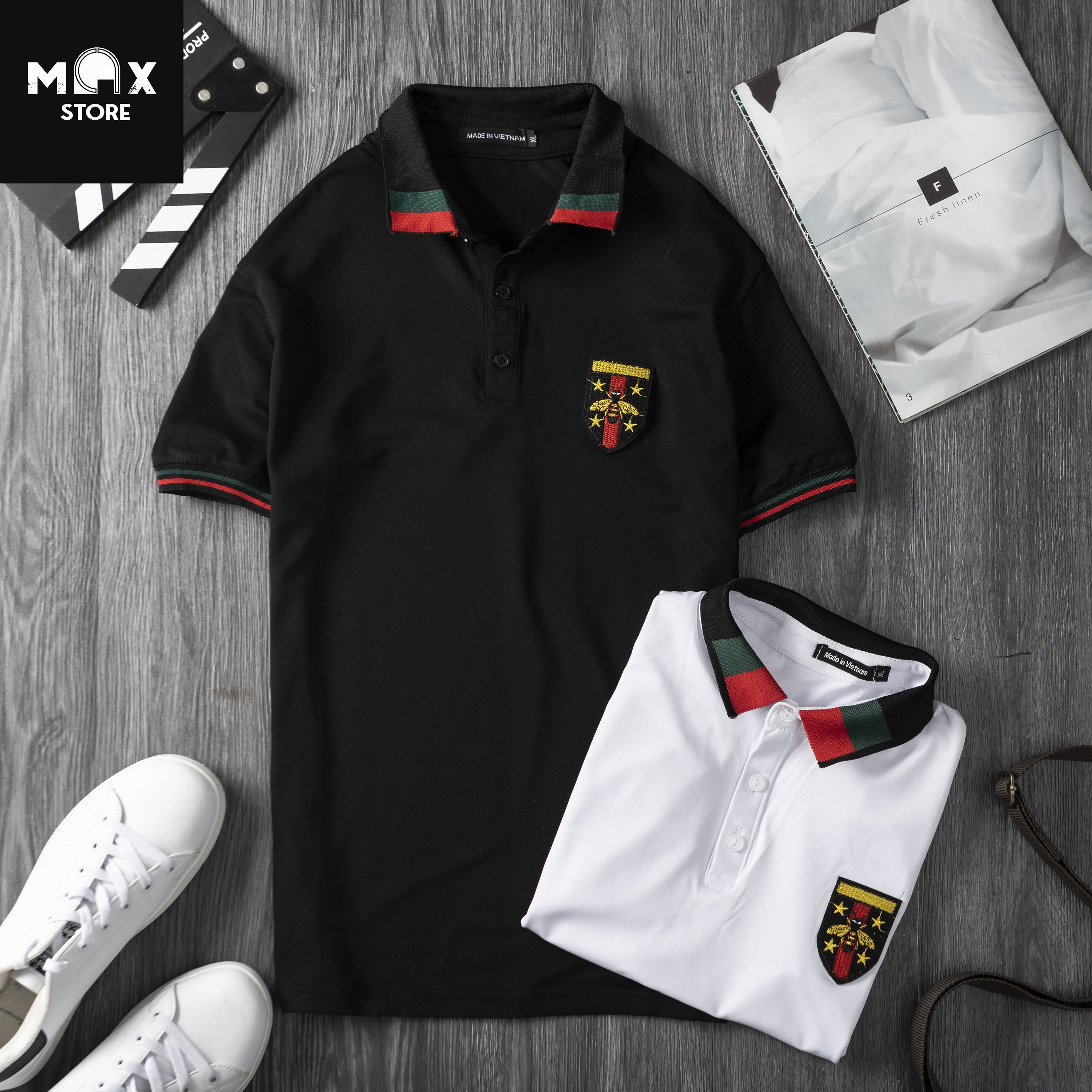 áo thun nam polo nam có cổ họa tiết, MAXSHOP, logo thêu cao cấp full size ,màu đỏ,đen,trắng