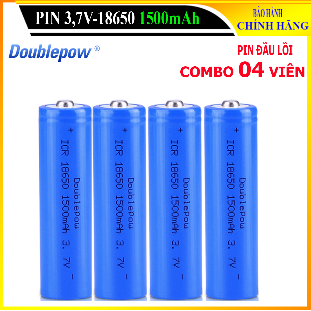 [Combo 04 viên] Pin sạc Lithium 18650 - 1500mAh đầu lồi Doublepow, pin dung lượng thực