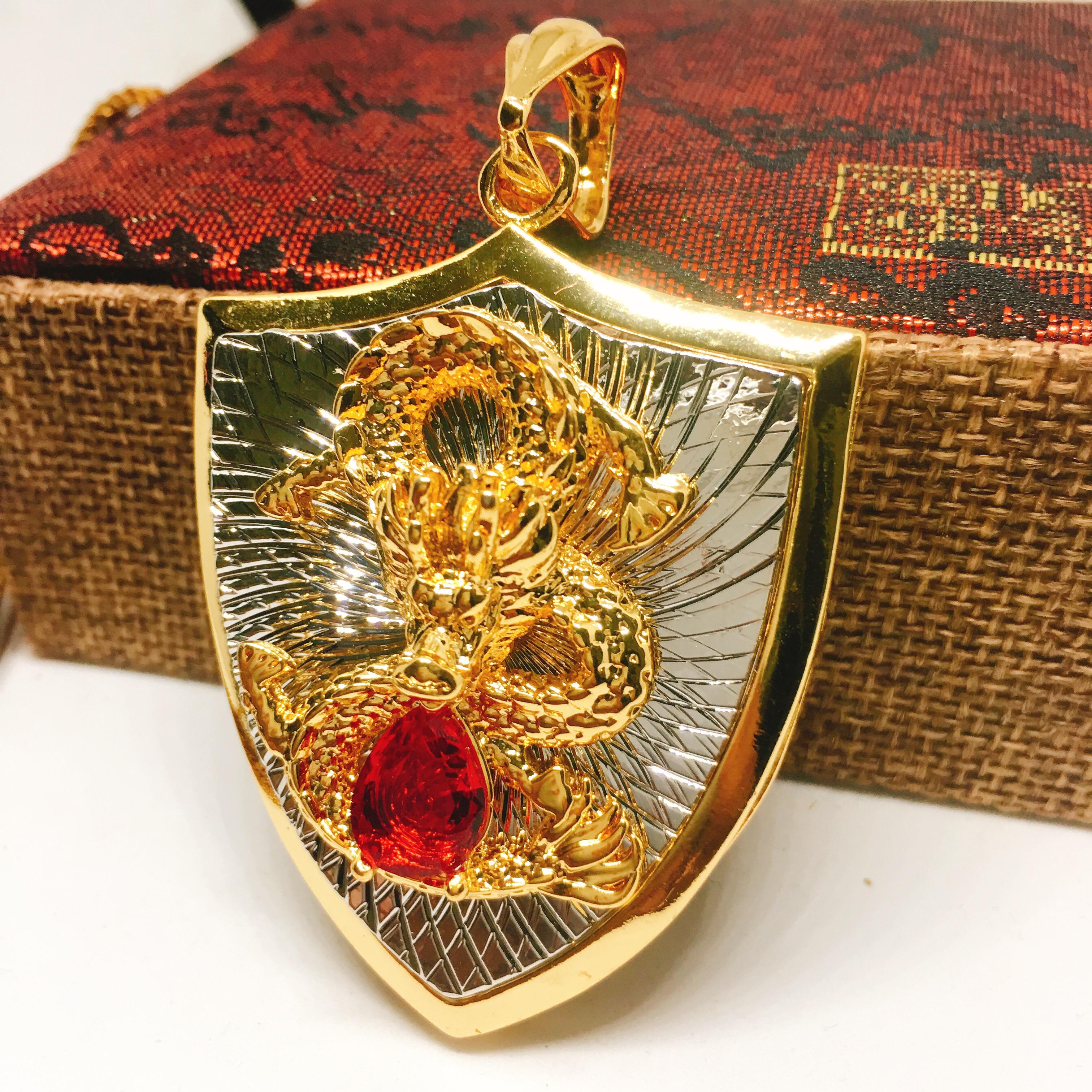 Mặt dây chuyền bạc Thái mạ vàng Khiên Thiên Long 2 màu, mặt vòng cổ phong thủy, mặt dây chuyền vàng ( màu vàng)