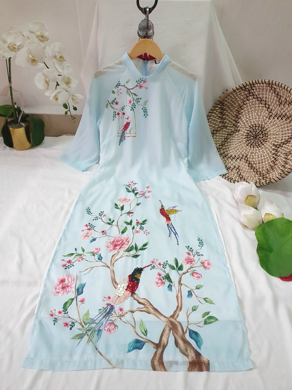 Áo dài cách tân họa tiết chim công xanh ( Áo + quần)