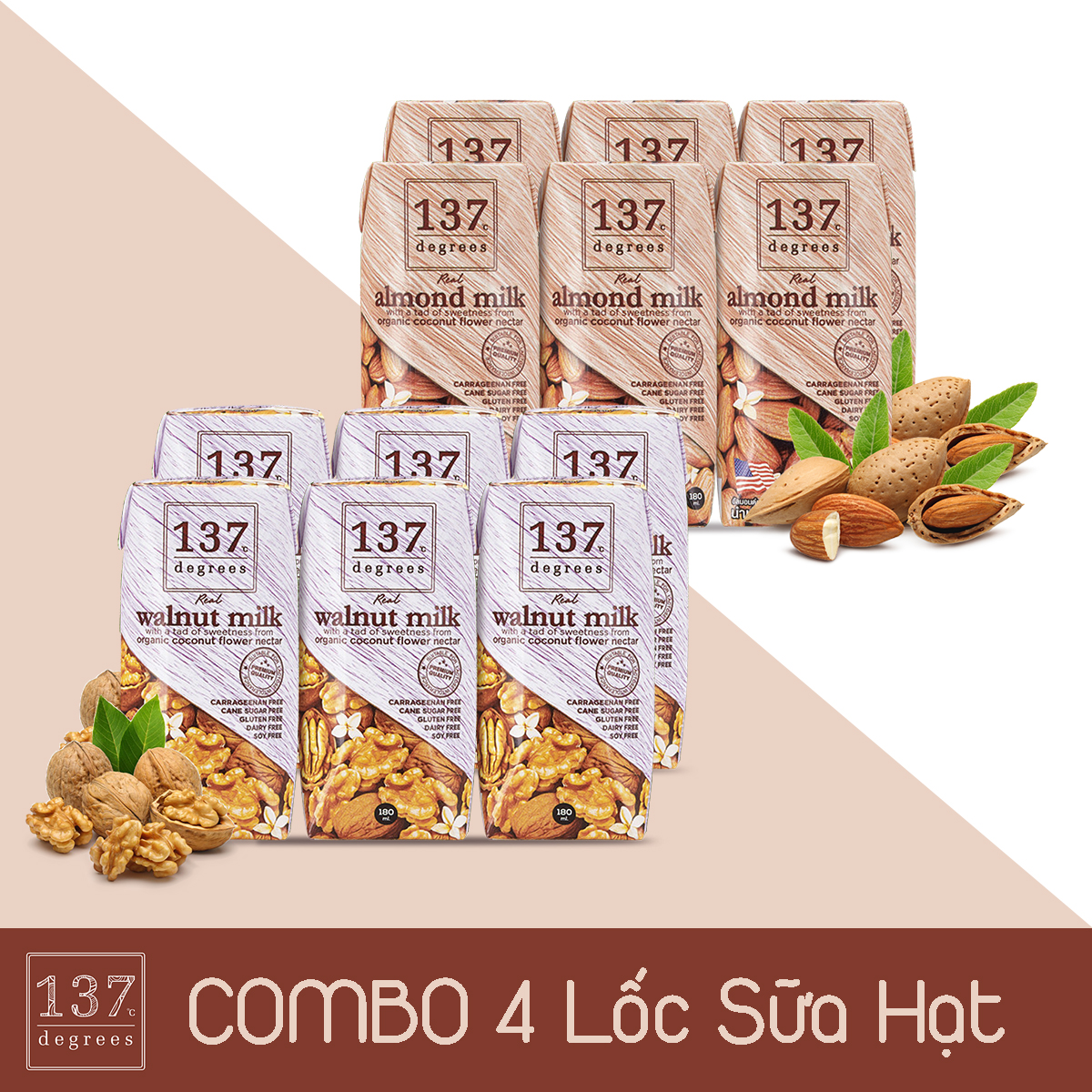Combo 4 Lốc Sữa hạt ÓC CHÓ và HẠNH NHÂN 137 Degrees Thái Lan