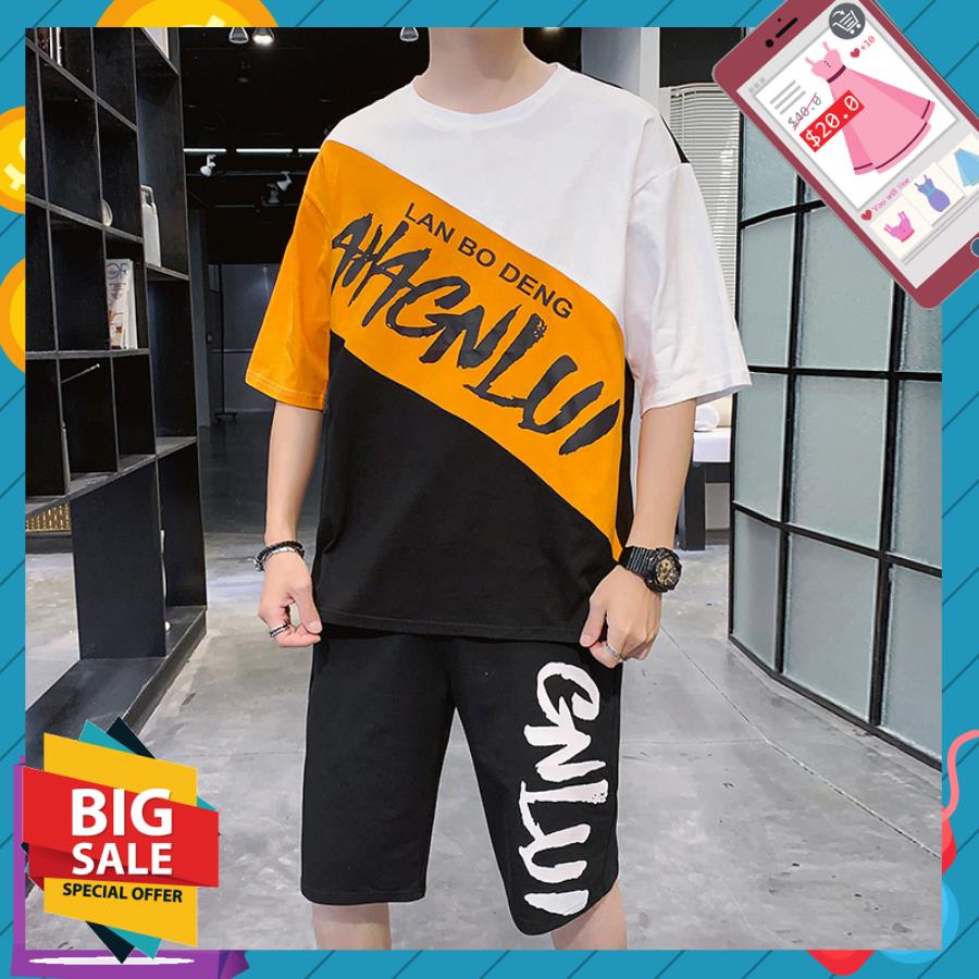 [ Hoàn Tiền Max ] Bộ Quần Áo Thun Mùa Hè Nam Tay Ngắn Họa Tiết Chữ AHACNLUI Phối Màu Phong Cách Trẻ Trung Năng Động BONBON FASHION MEN QA 091