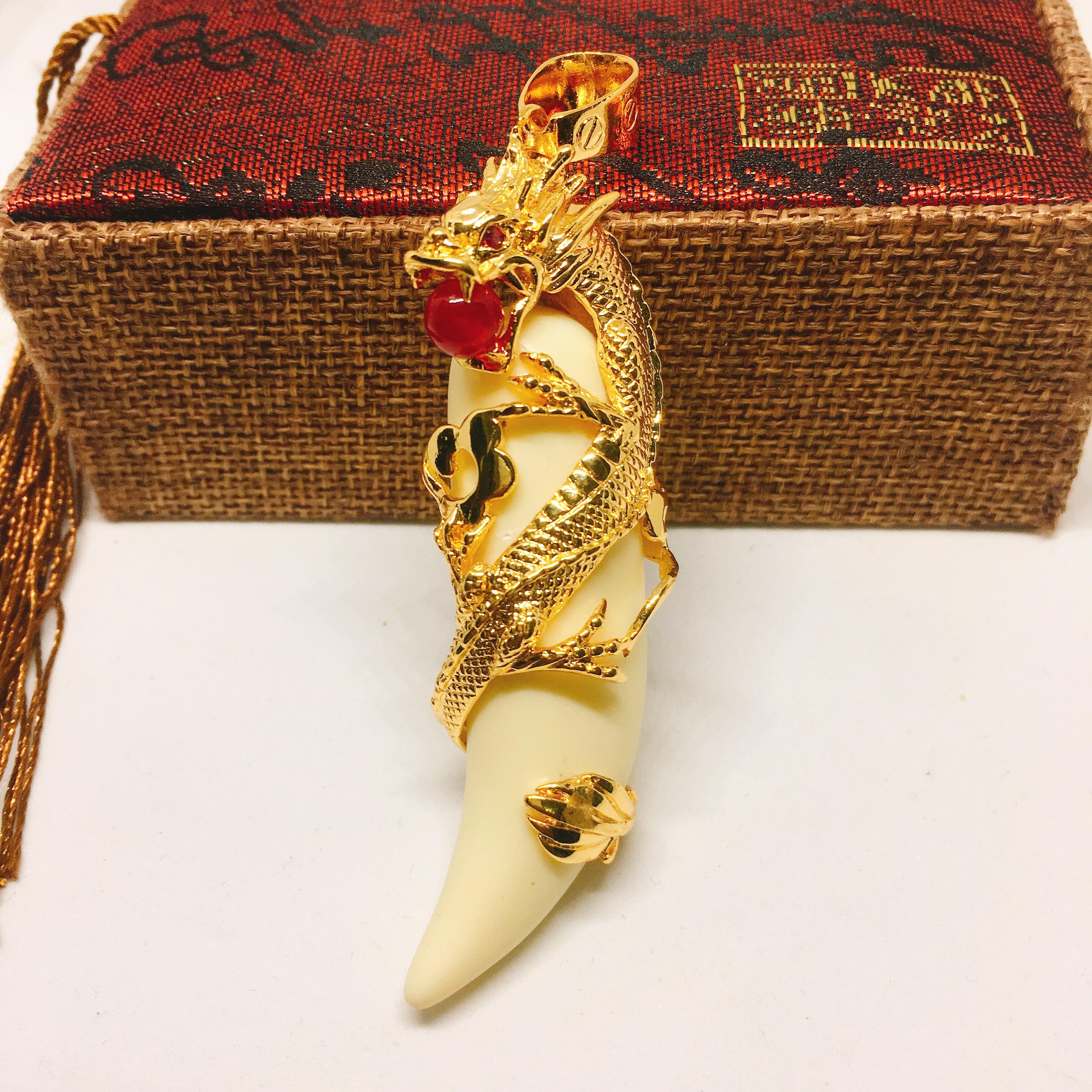 Mặt dây chuyền bạc Thái mạ vàng Thiên Long Ngậm ngọc đỏ, mặt vòng cổ phong thủy, mặt dây chuyền vàng ( màu vàng)