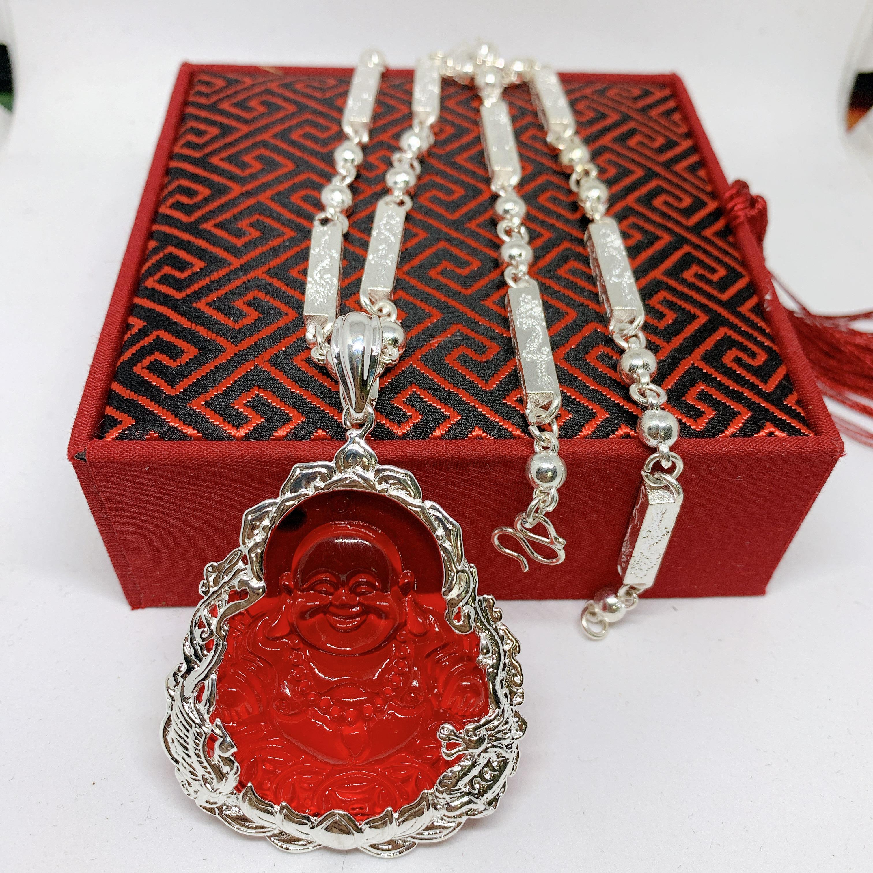 Phụ kiện bạc Dây chuyền Phong thủy Mặt Di lạc đá đỏ Bạc Thái Cao Cấp - dây chuyền nam, dây bạc, vòng cổ, day chuyen (dây và mặt) ( Màu bạc)