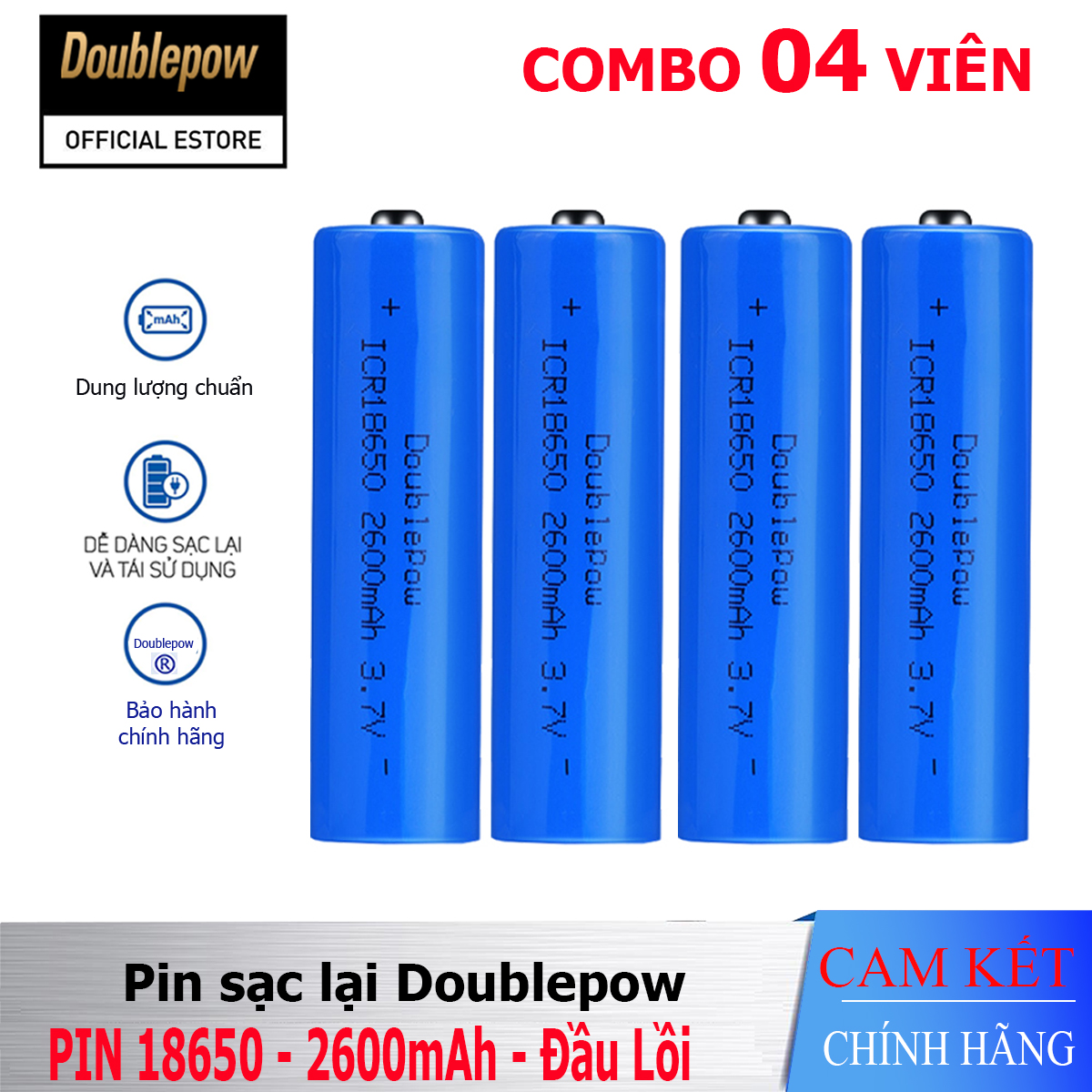 Pin sạc Lithium 18650 - 2600mAh đầu lồi Doublepow, pin dung lượng thực
