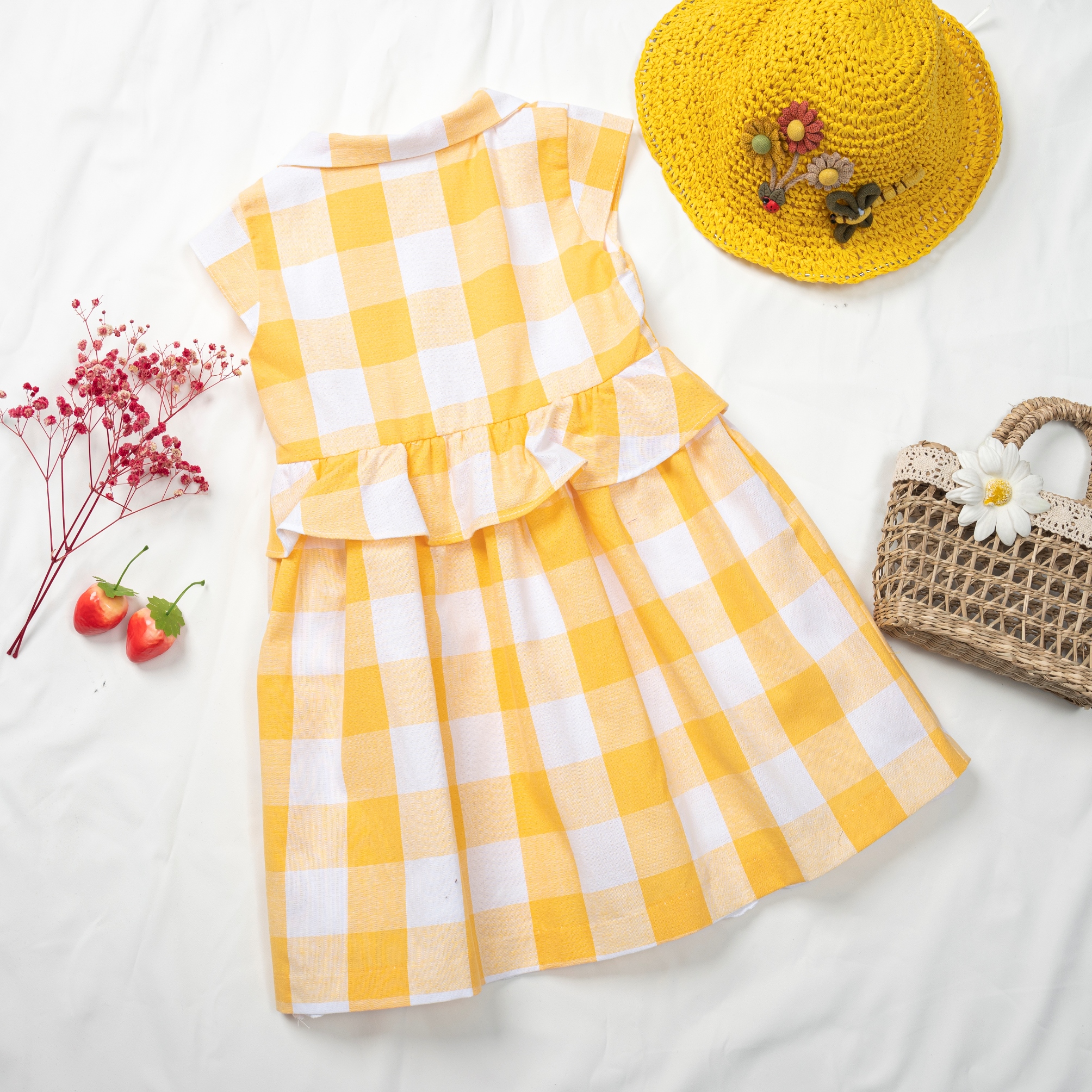 [HCM]Đầm bé gái linen caro vàng Pansy