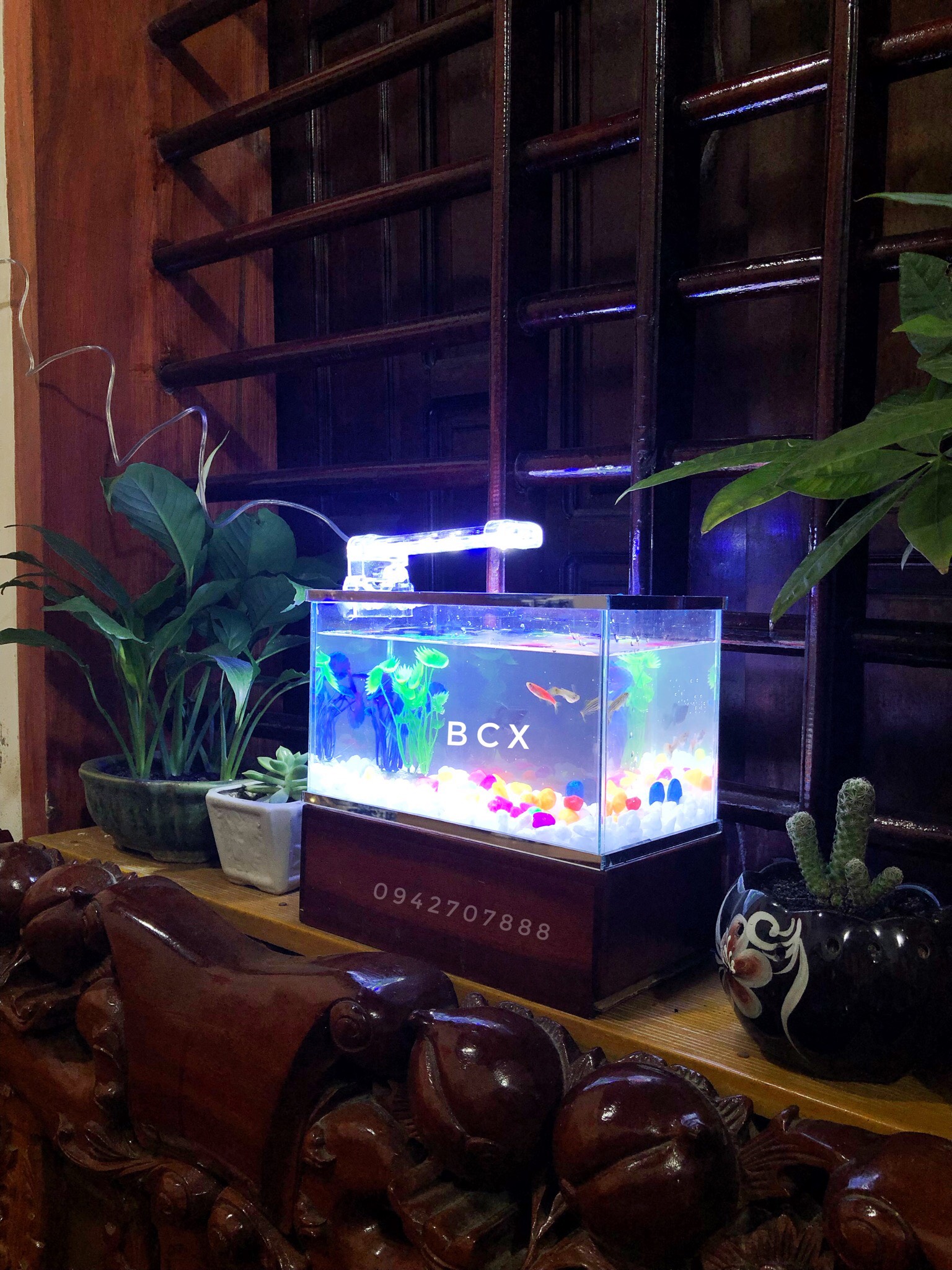 Set bể cá mini viền gương 25x13x15cm + đèn led 4w ( tặng đồ trang trí và đồ ăn cá)
