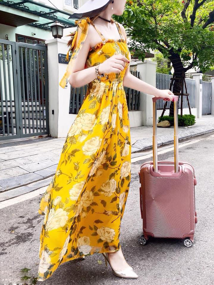 Đầm Vàng Maxi Cột Nơ Đi Biển Họa Tiết Hoa Lá - Lybra Fashion ...