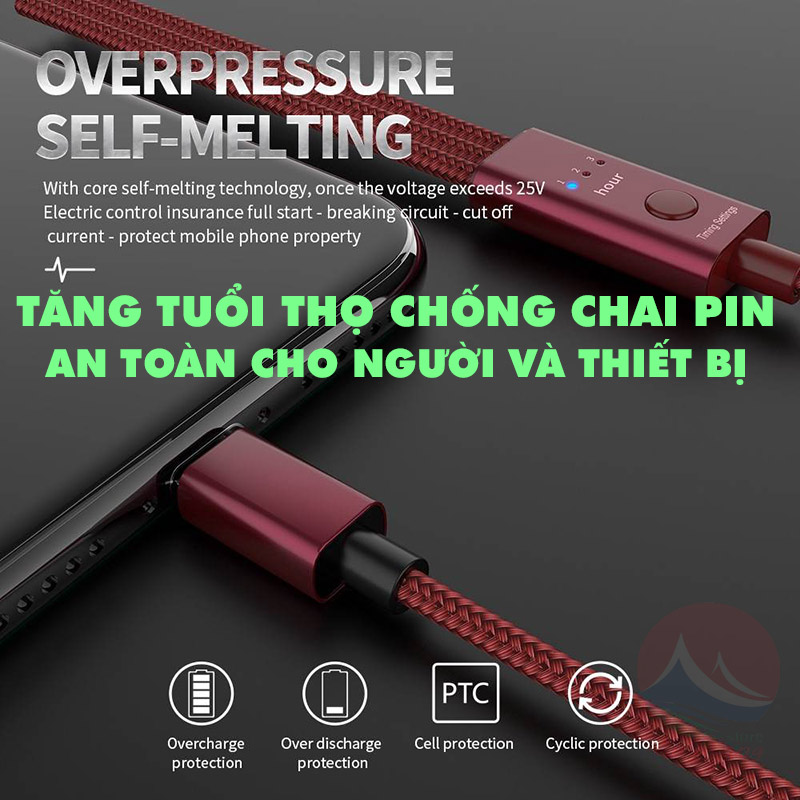 Cáp Sạc Tự Ngắt Hẹn Giờ Thông Minh 3H, 3 Đầu Đa Năng Lightning Type C Micro USB Chống Chai Pin, dây sạc tự ngắt an toàn sạc ban đêm