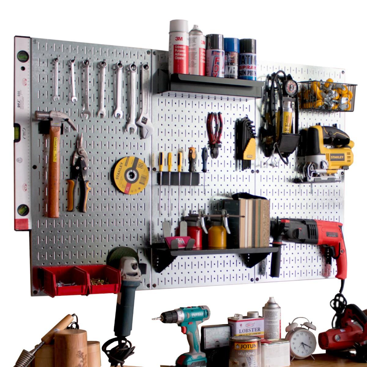 Bảng treo dụng cụ Pegboard cơ khí SMLIFE WB3 - Mô đun 3 Bảng mạ kẽm dày 1,2mm + bộ móc treo sơn tĩnh điện màu đen - Lưu trữ dụng cụ trực quan, dễ tìm kiếm - Combo dành cho gia đình
