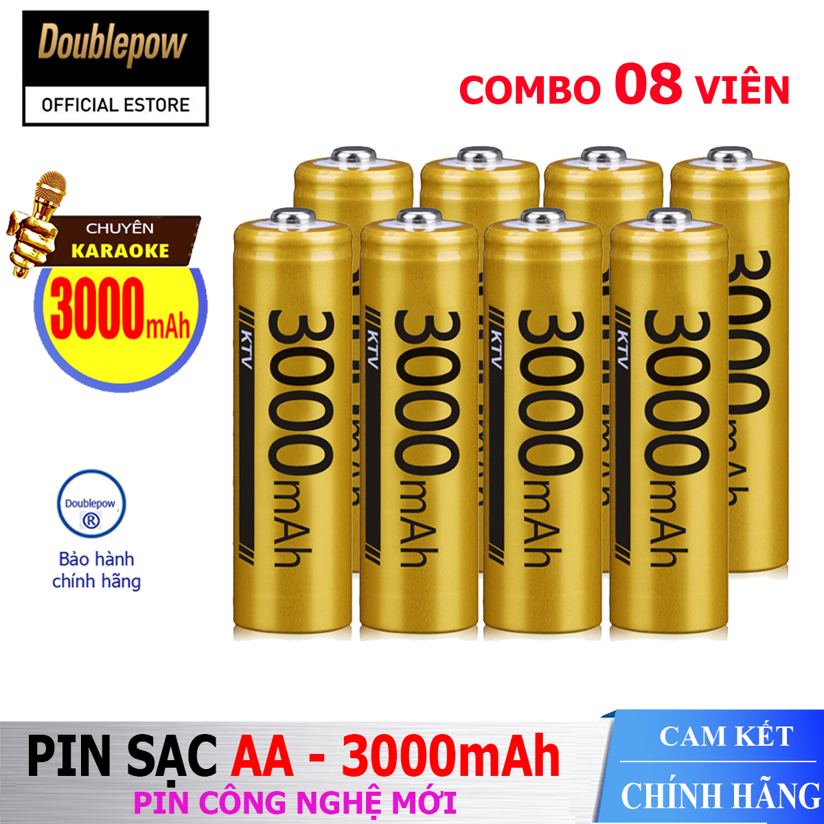 [Hộp 8 viên] Pin sạc AA 3000mAh Doublepow -Pin cao cấp chuyên dụng cho Micro Karaoke  - (pin màu vàng) - Bảo hành chính hãng