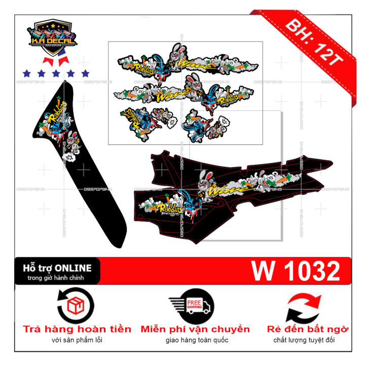 Tem rời dán xe wave nhỏ đời đầu thỏ dán xe đen