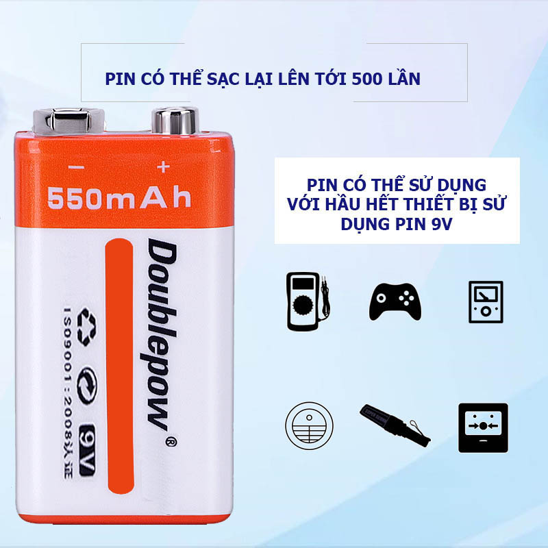 Pin sạc 9V 6F22 -  550mAh (loại pin vuông) Doublepow - Pin chuẩn