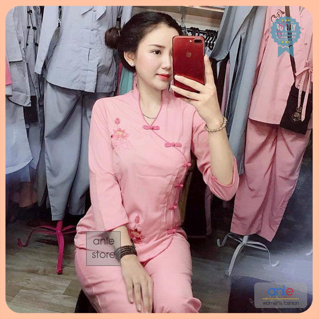 Đồ lam đi chùa Bộ Cổ Tàu Cài Chéo Tay Lỡ, Bộ đồ đi chùa Vải Kate Cotton mịn Thoáng mát, Đồ bộ đi chùa Cài chéo lệch với cúc nút bông bện bằng tay, Quần áo lam đi lễ chùa Chiết eo Tôn dáng - BCTC1AN - Anle Store