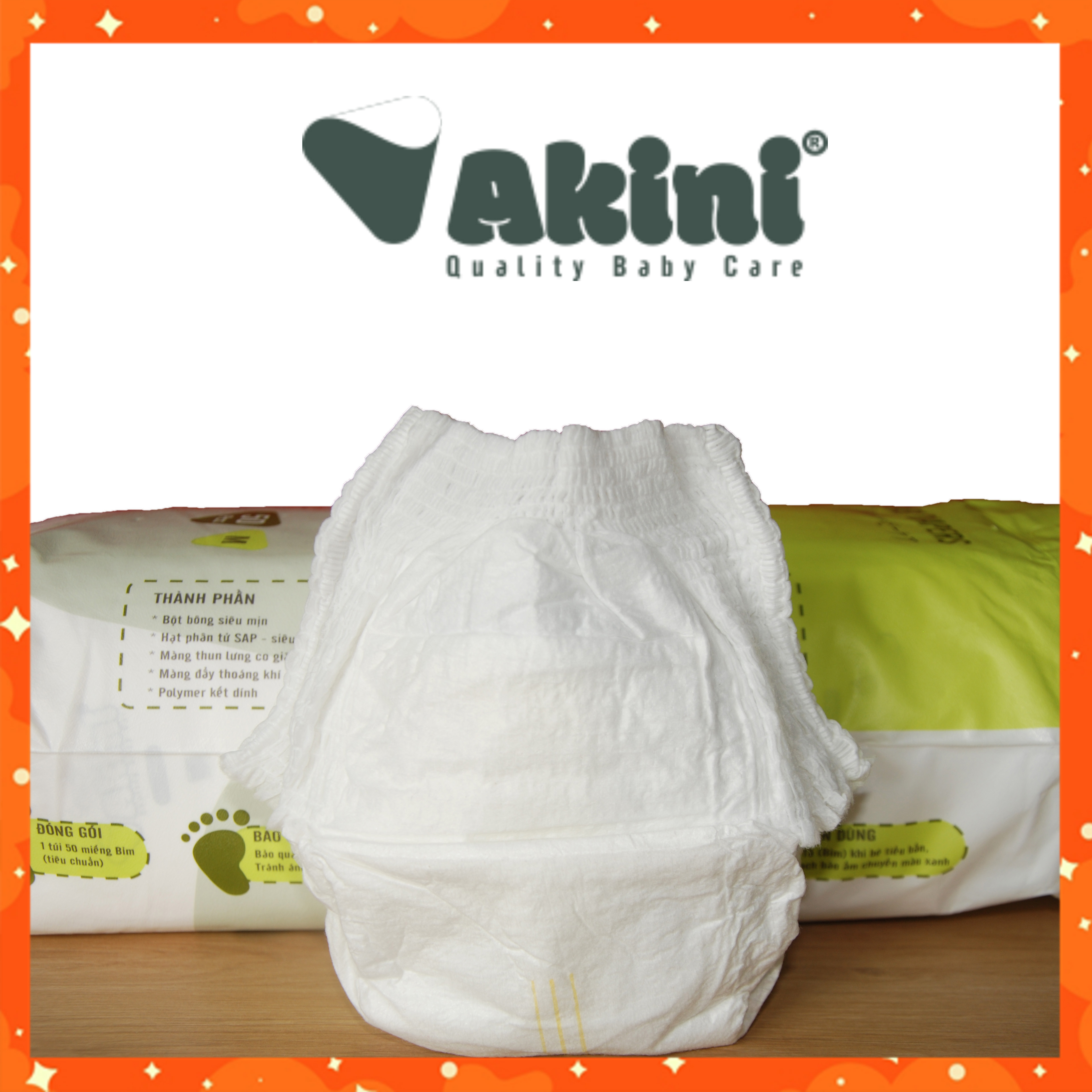 [Giảm 30K vận chuyển + quà] Combo 100 miếng bỉm quần Akini cho bé đủ size - mỏng mềm (tặng 2 miếng + vòng dâu tằm cho bé)