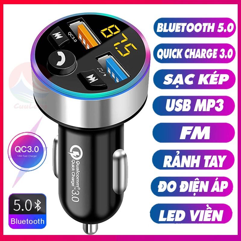 Tẩu Sạc Bluetooth MP3 Đa Năng, Sạc Nhanh Xe Hơi QC 3.0, Bluetooth 5.0, Nghe Nhạc Mp3 FM, Sạc Pin Điện Thoại Led Đo Điện Áp, dock tẩu cốc sạc nhanh nghe nhạc trên ô tô mp3, tẩu sạc gọi rảnh tay, sạc xe hơi phát nhạc Cuulongstore
