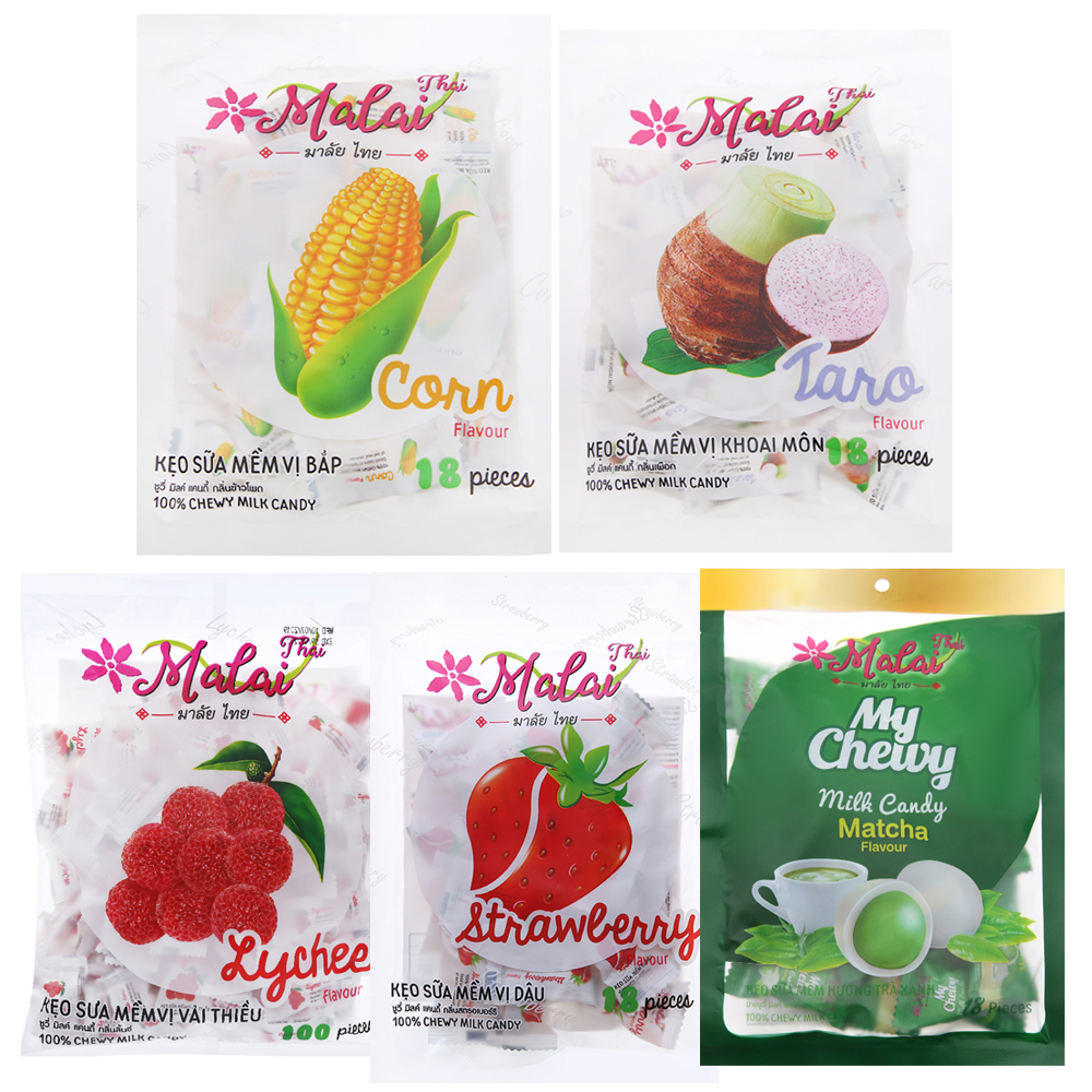 BÁO GIÁ KẸO SỮA MỀM VỊ KHOAI MÔN MALAI 67G | Shopee Lazada Sendo Tiki mới nhất 12 Combo mix 5 vị kẹo sữa mềm hương dâu, vải, trà xanh, khoai môn, bắp Malai Thai gói 67g - Đồ ăn vặt Thái bán chạy