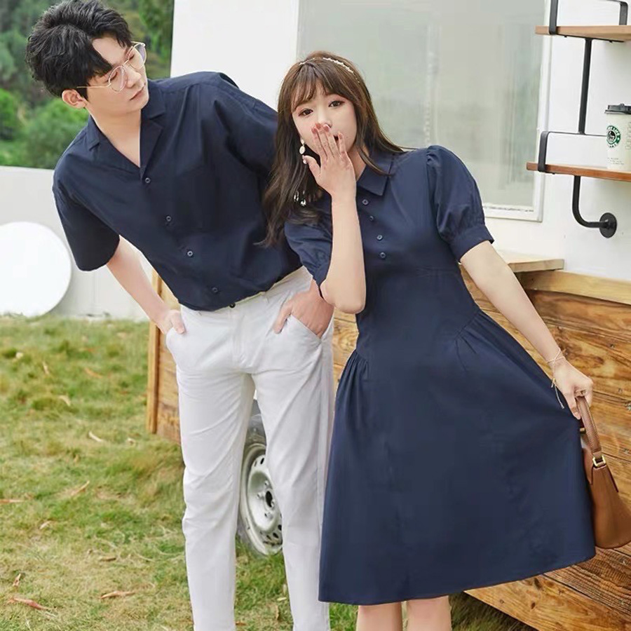 Set áo đôi tình nhân áo sơ mi nam và đầm nữ phong cách Hàn Quốc đi biển chụp hình cưới màu xanh đen đồ cặp